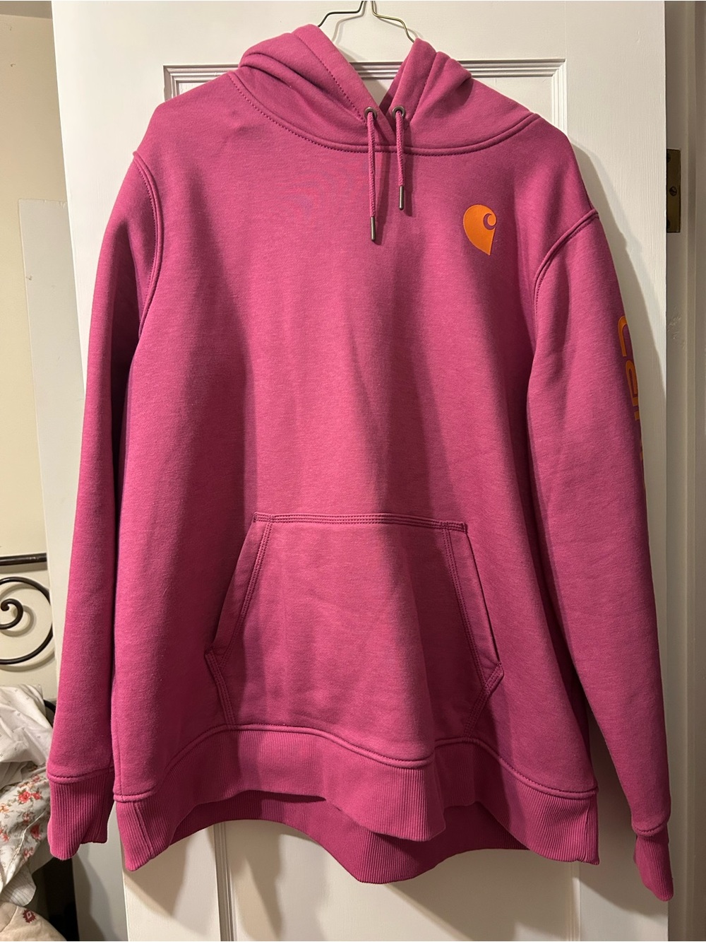 Carhartt Rose Pink Pullover Hoodie with Orange Logo